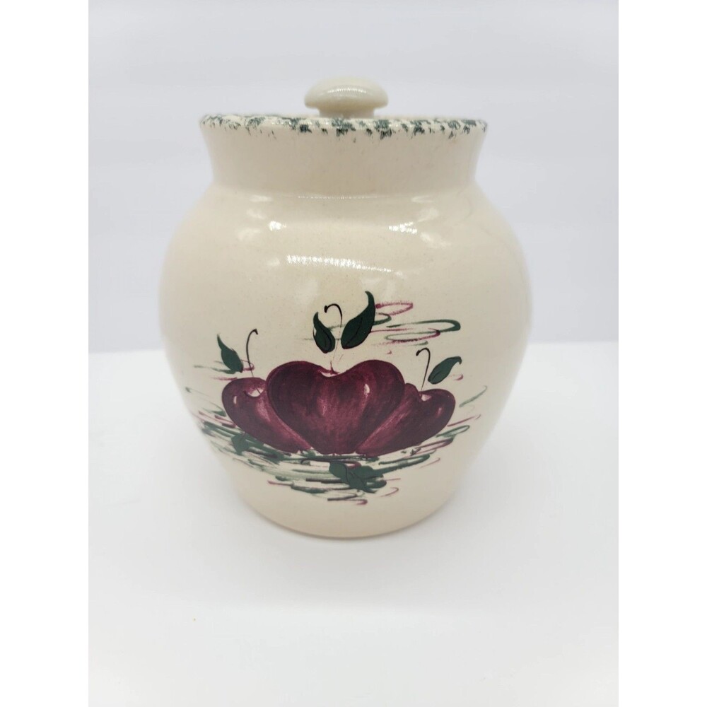Vintage Casey Pottery Cookie Jar/ Canister Dark Red Apples Stoneware Handmade 7"